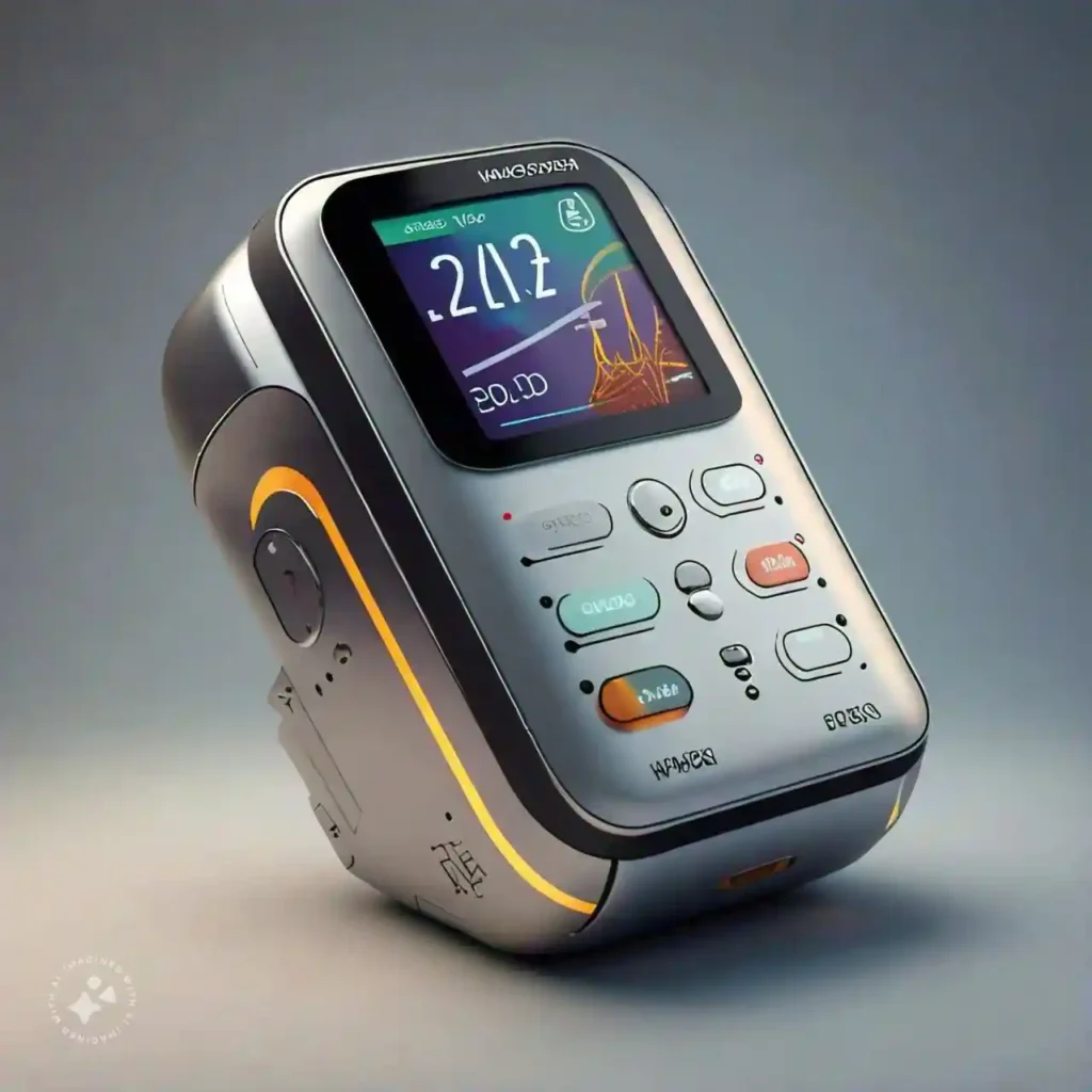 Close-up of a smart inhaler with sensors and real-time health data display, representing modern advancements in treatments for breathing problems.