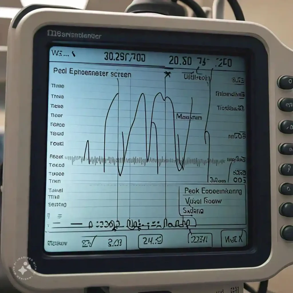 Spirometer screen showing airflow measurements during a lung function test.