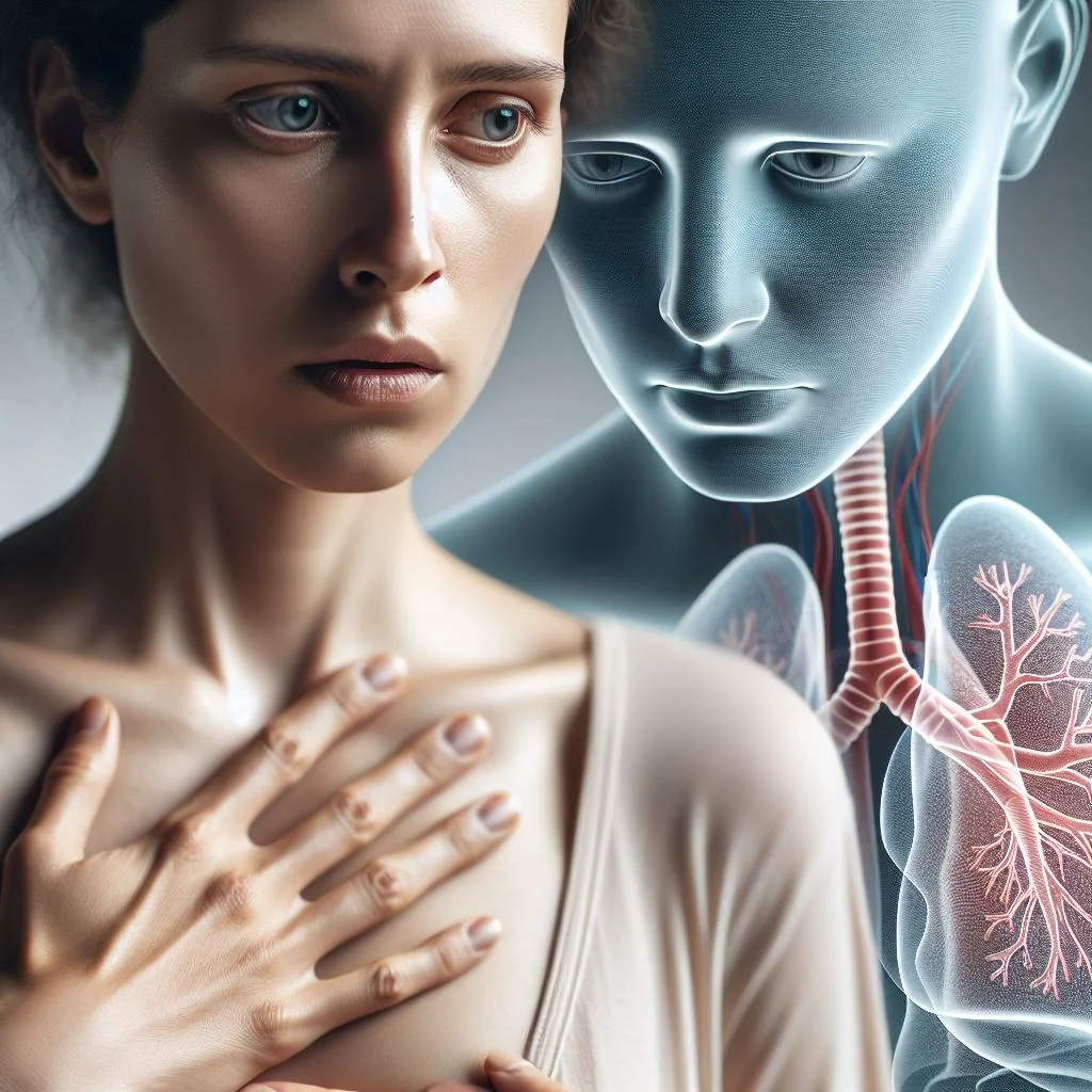 Person experiencing chronic cough with lung illustration showing respiratory pathways.