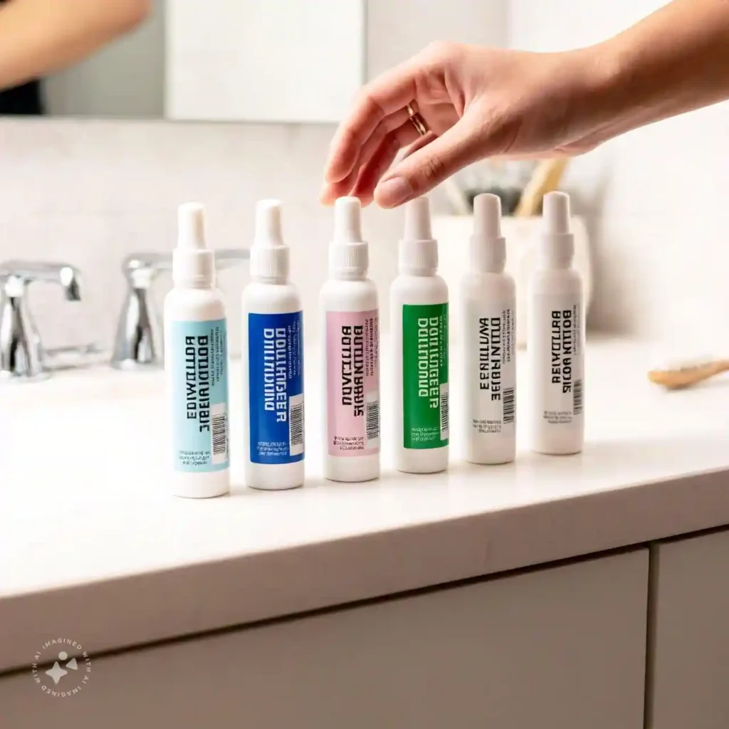 Close-up of various eye drop bottles on a bathroom counter, each labeled for specific conditions. A hand reaches for the right eye drops