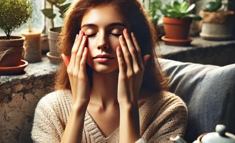 A serene person sitting in a cozy room, gently massaging their eyes with closed eyelids. The room features soft natural light, a small indoor plant, and a cup of herbal tea, creating a calm and peaceful atmosphere.