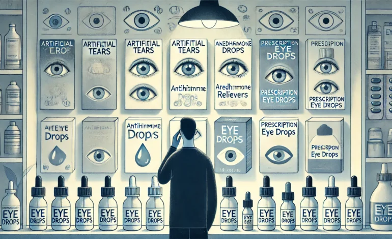 A person thoughtfully examining various eye drop bottles on a well-lit shelf. The bottles are labeled with categories such as "Artificial Tears," "Antihistamine Drops," "Redness Relievers," and "Prescription Eye Drops." The background features subtle eye symbols and medical icons, creating a calming atmosphere with shades of blue and white.