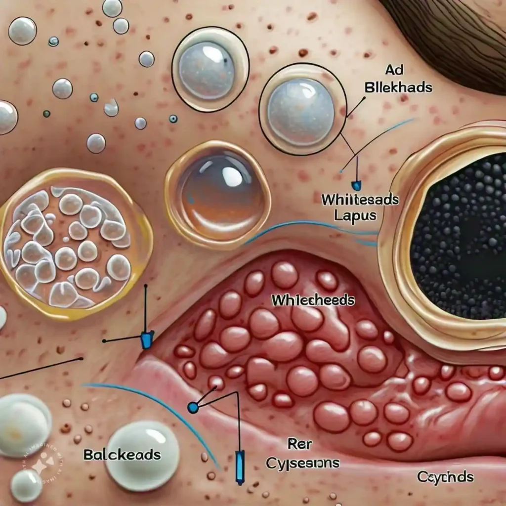 Diagram showing types of acne, including blackheads, whiteheads, and cysts, with clear and labeled illustrations