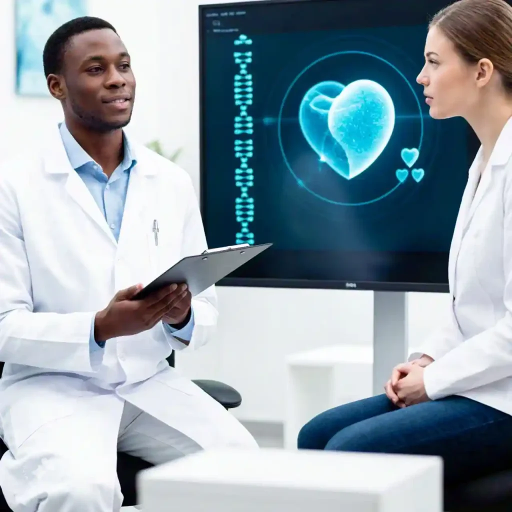 Doctor explaining genetic testing to a patient, displaying DNA sequences related to heart health.