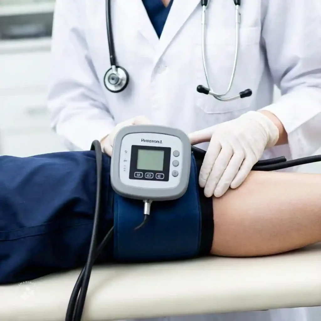 Doctor performing an Ankle-Brachial Index test on a patient's leg to diagnose peripheral artery disease.