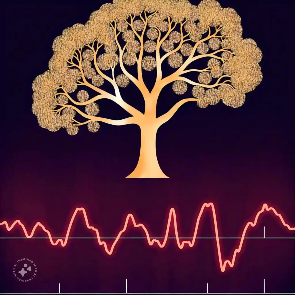 Family tree merging into a heart monitor, symbolizing the hereditary nature of heart disease.