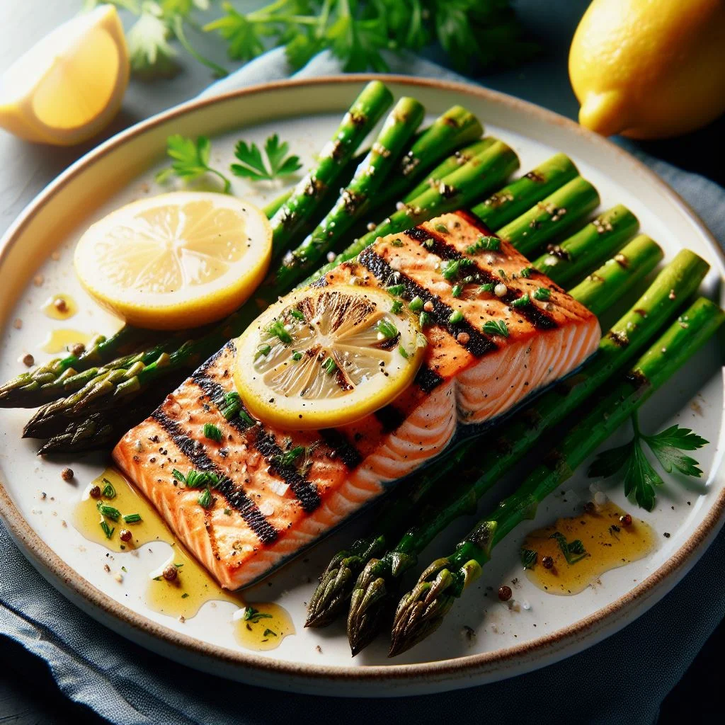 Grilled heart-healthy recipes salmon fillets with asparagus on a plate.