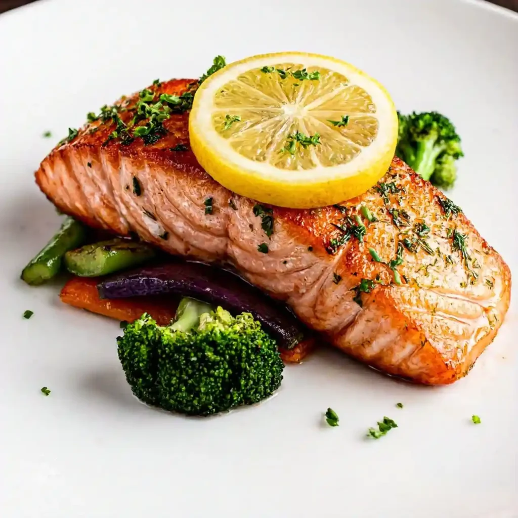 Grilled salmon with lemon and herbs, representing omega-3 rich foods in the Mediterranean diet.