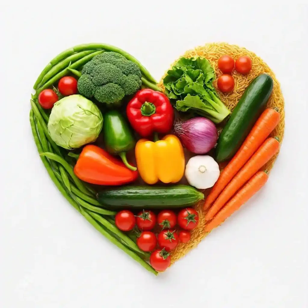 Heart-shaped design made from healthy foods, including fruits, vegetables, and grains, symbolizing a heart-healthy diet.