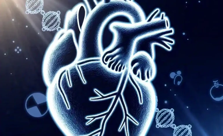 Illustration of a heart intertwined with DNA strands, representing the role of genetics in heart disease.