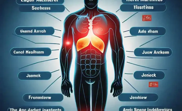 Illustration of a human silhouette highlighting heart attack symptoms, including chest pain, arm pain, and jaw discomfort, with a medical-themed design