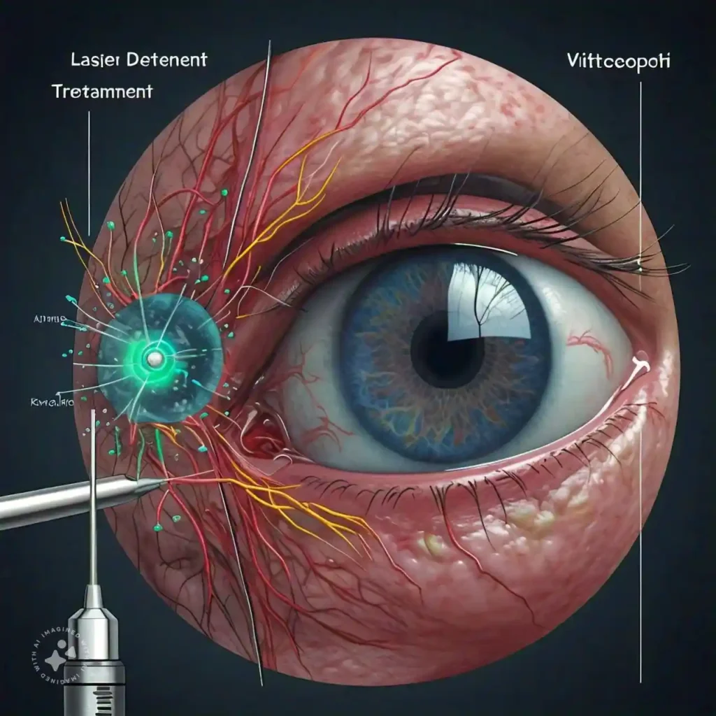 Illustration of retinal detachment treatments, including laser surgery and vitrectomy.