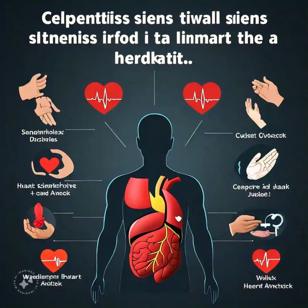 Infographic displaying heart attack symptoms on a human silhouette with labeled areas for chest, arm, jaw, and back pain