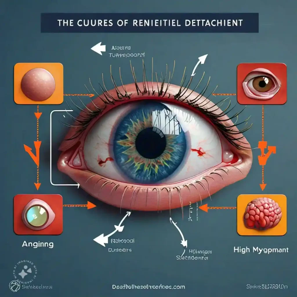 Infographic showing causes of retinal detachment, including aging, injury, and high myopia.