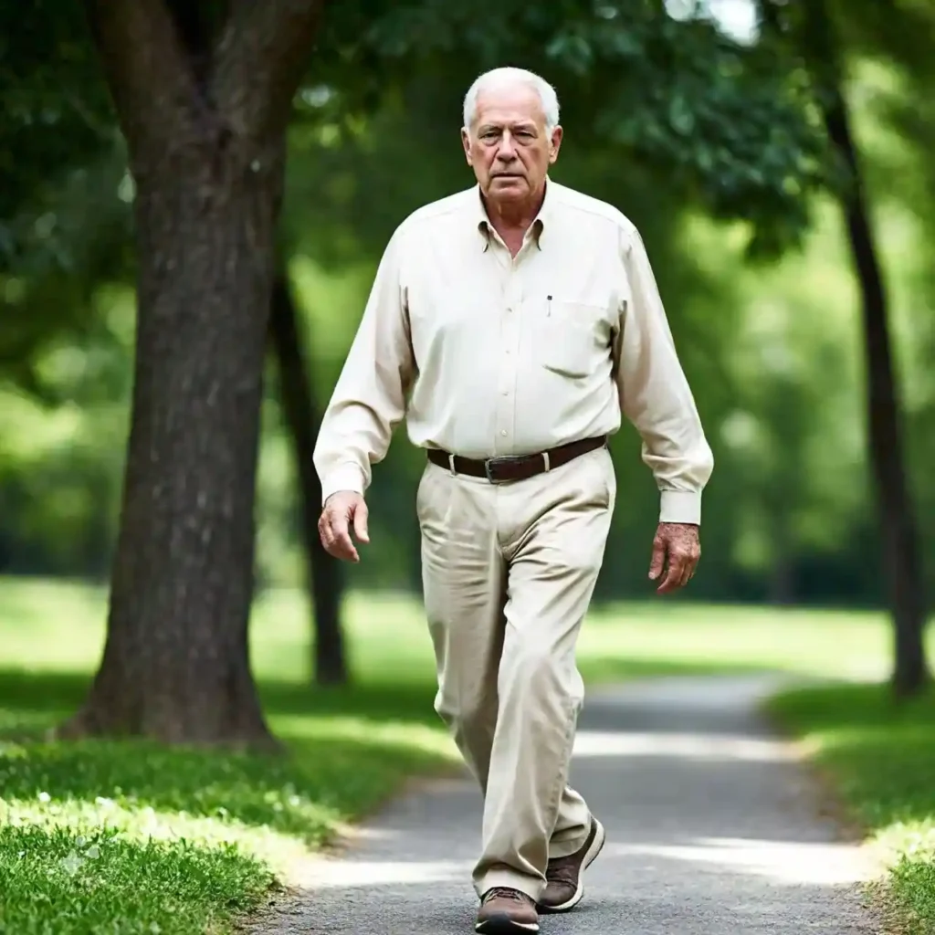 Man in his 50s walking slowly in a park, experiencing leg pain due to peripheral artery disease