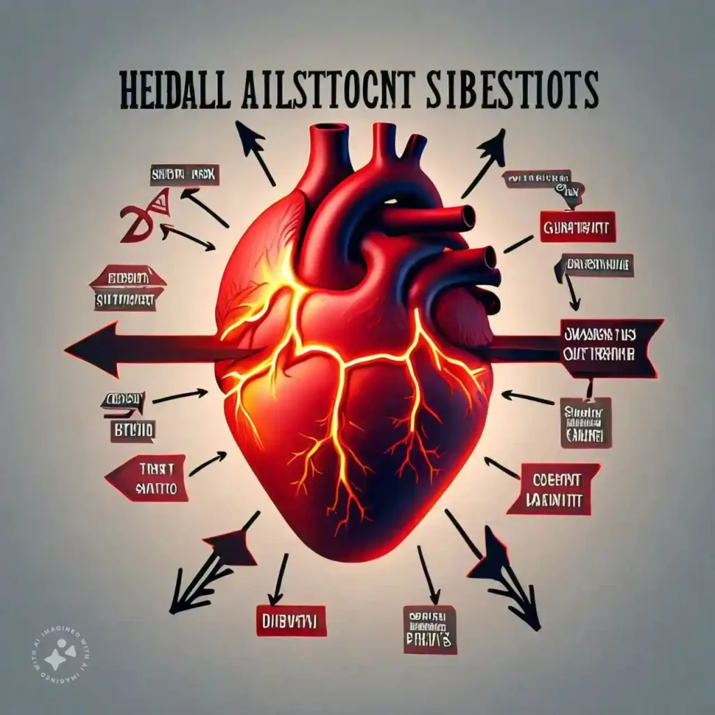 Medical illustration highlighting heart attack symptoms like chest pain, shortness of breath, and dizziness, centered around a glowing red heart symbol