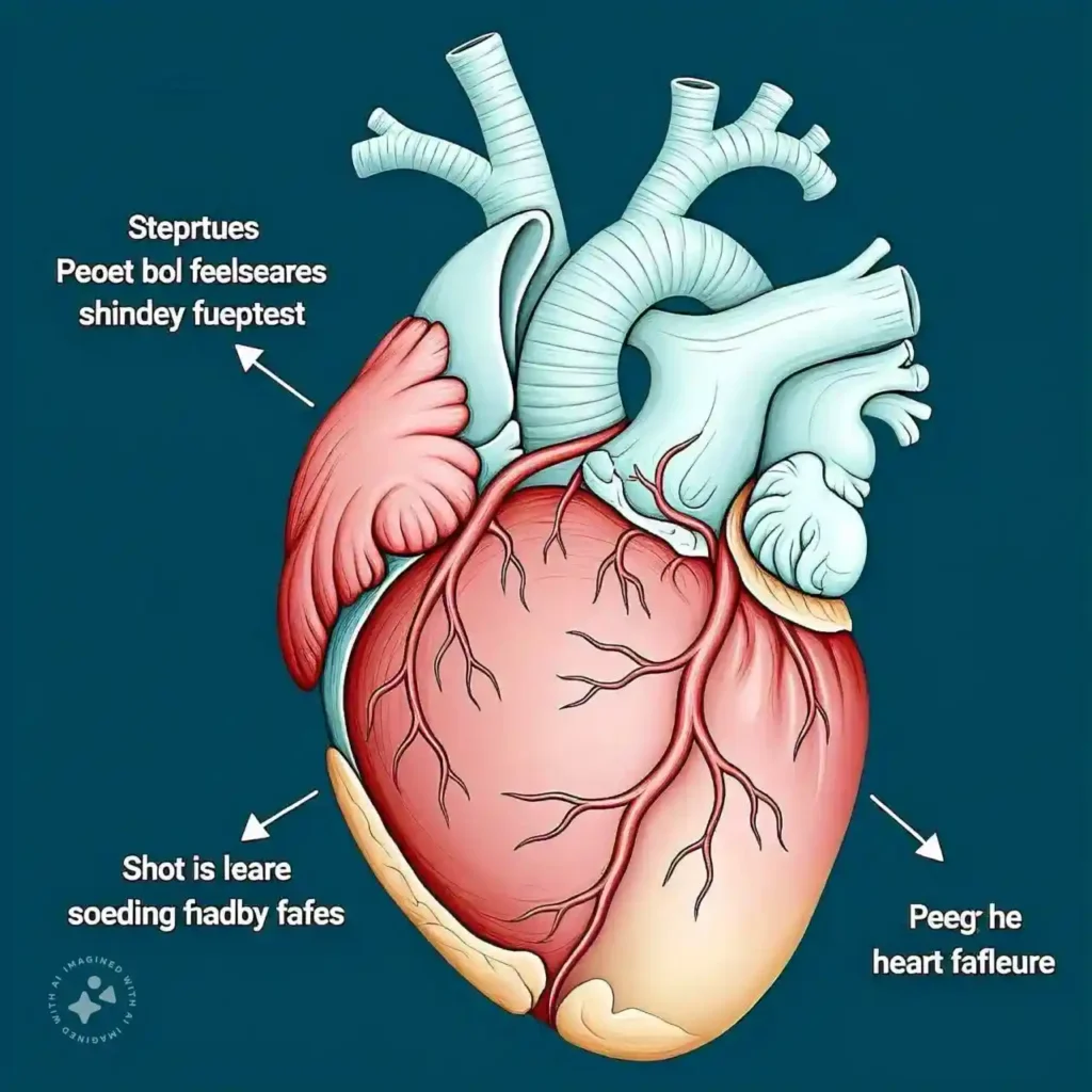 Medical illustration showing stages of heart failure progression, from a normal heart to a weakened heart with fluid buildup.