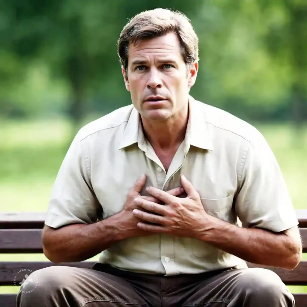 Middle-aged person experiencing shortness of breath, sitting in a park, holding their chest.