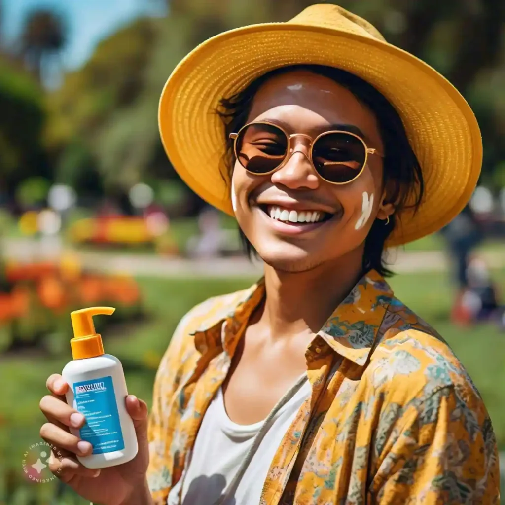 Person applying sunscreen outdoors, highlighting the importance of sun protection for acne prevention.