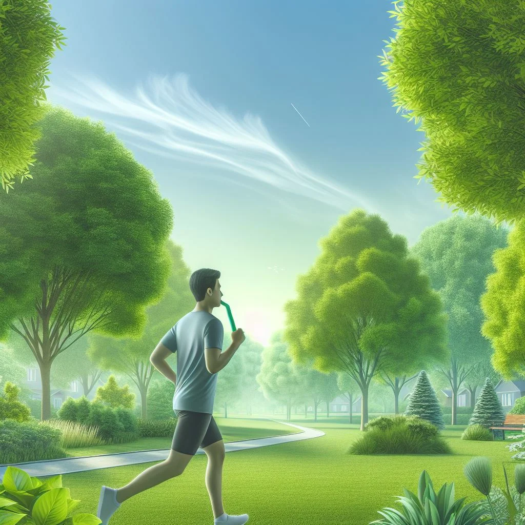 Person jogging in a park to improve respiratory health and manage chronic cough.