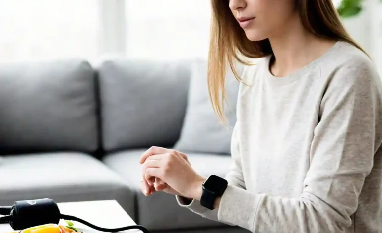 Person monitoring heart health at home using a smartwatch, with a blood pressure monitor and healthy meal on a table. Focus: Monitor Your Heart Health.