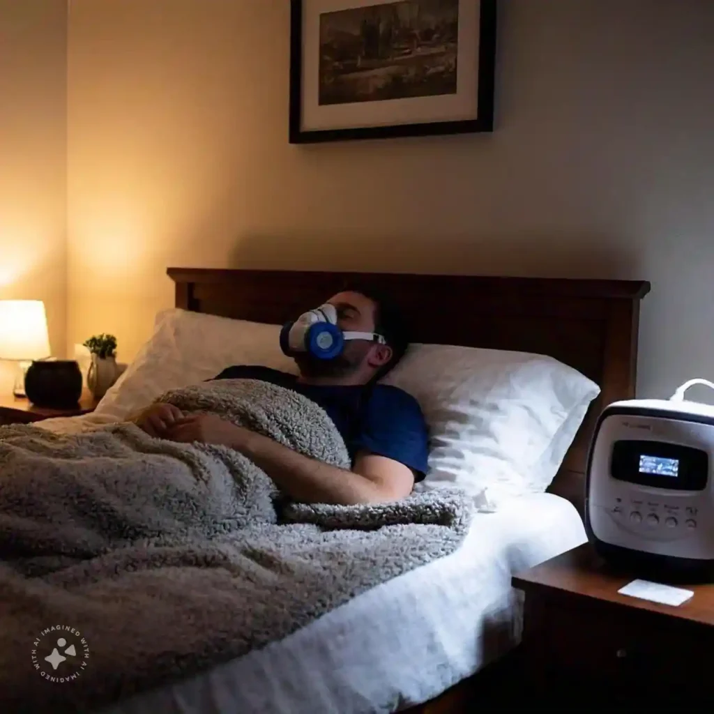Person using CPAP machine to manage sleep apnea.