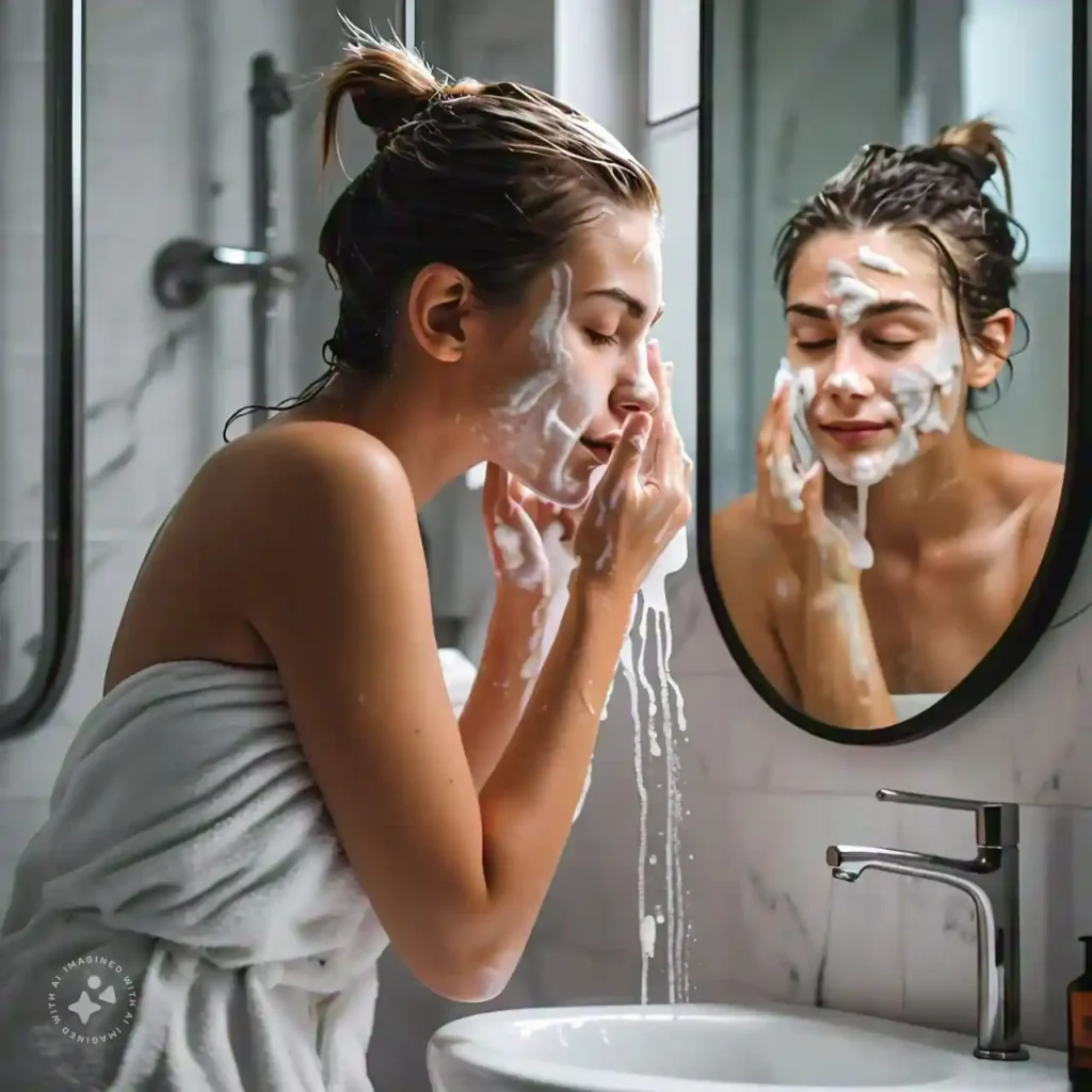 Person washing their face in a clean bathroom, emphasizing acne prevention through skincare routines