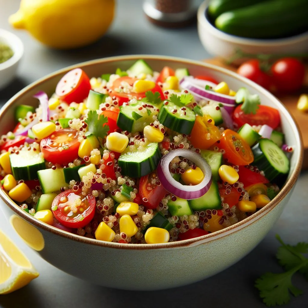 A bowl of colorful heart-healthy recipes quinoa salad with vegetables.
