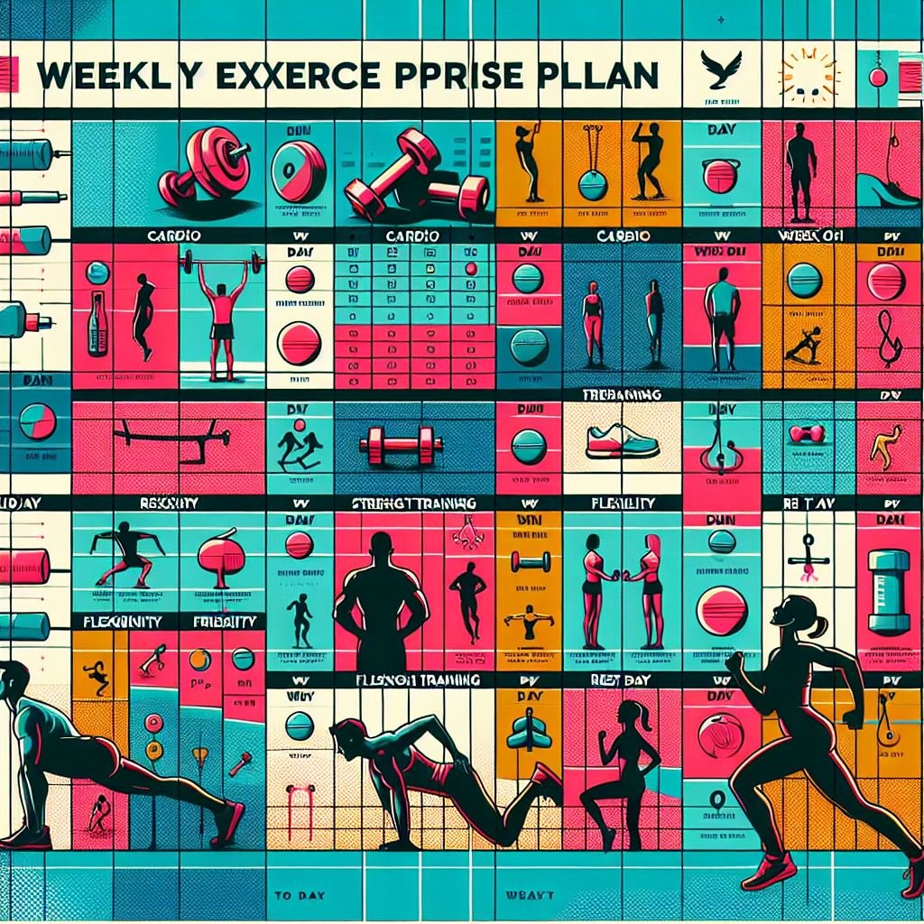 Illustration of a sample weekly exercise plan, including various activities such as aerobic exercises, strength training, and flexibility exercises, with a heart symbol in the background, highlighting the importance of a balanced exercise routine for heart health