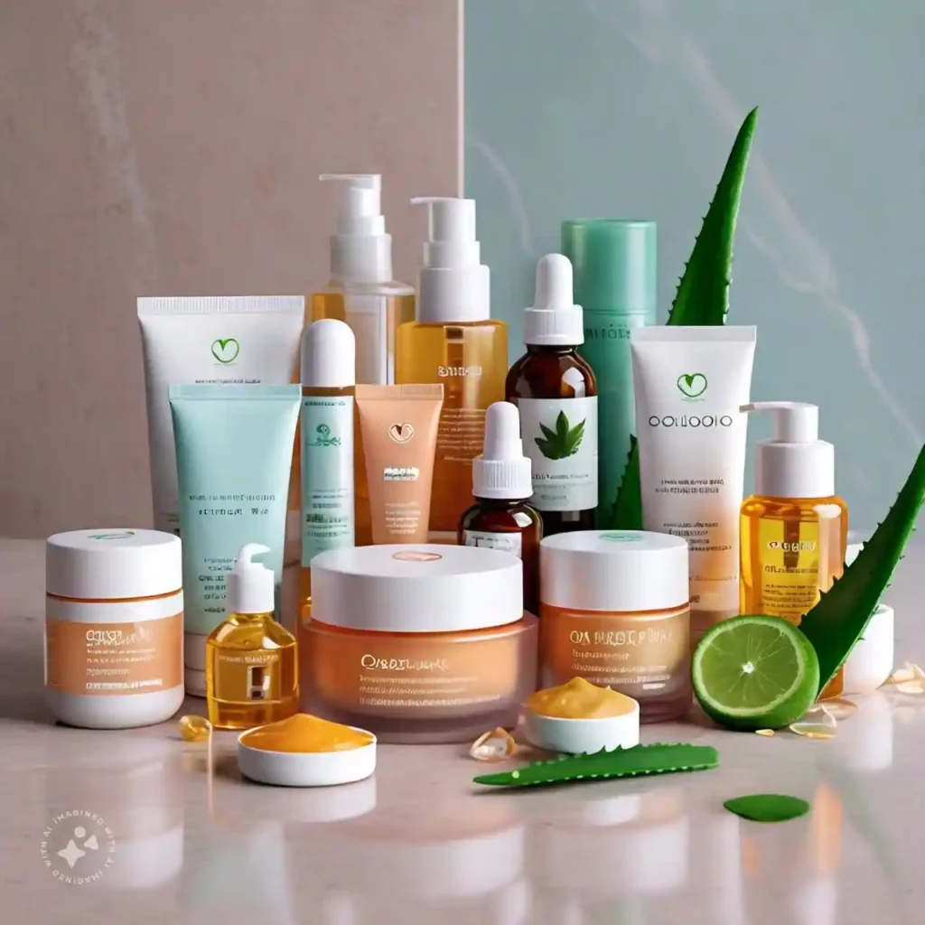 Skincare products for acne treatment, including natural remedies, displayed on a clean, modern countertop