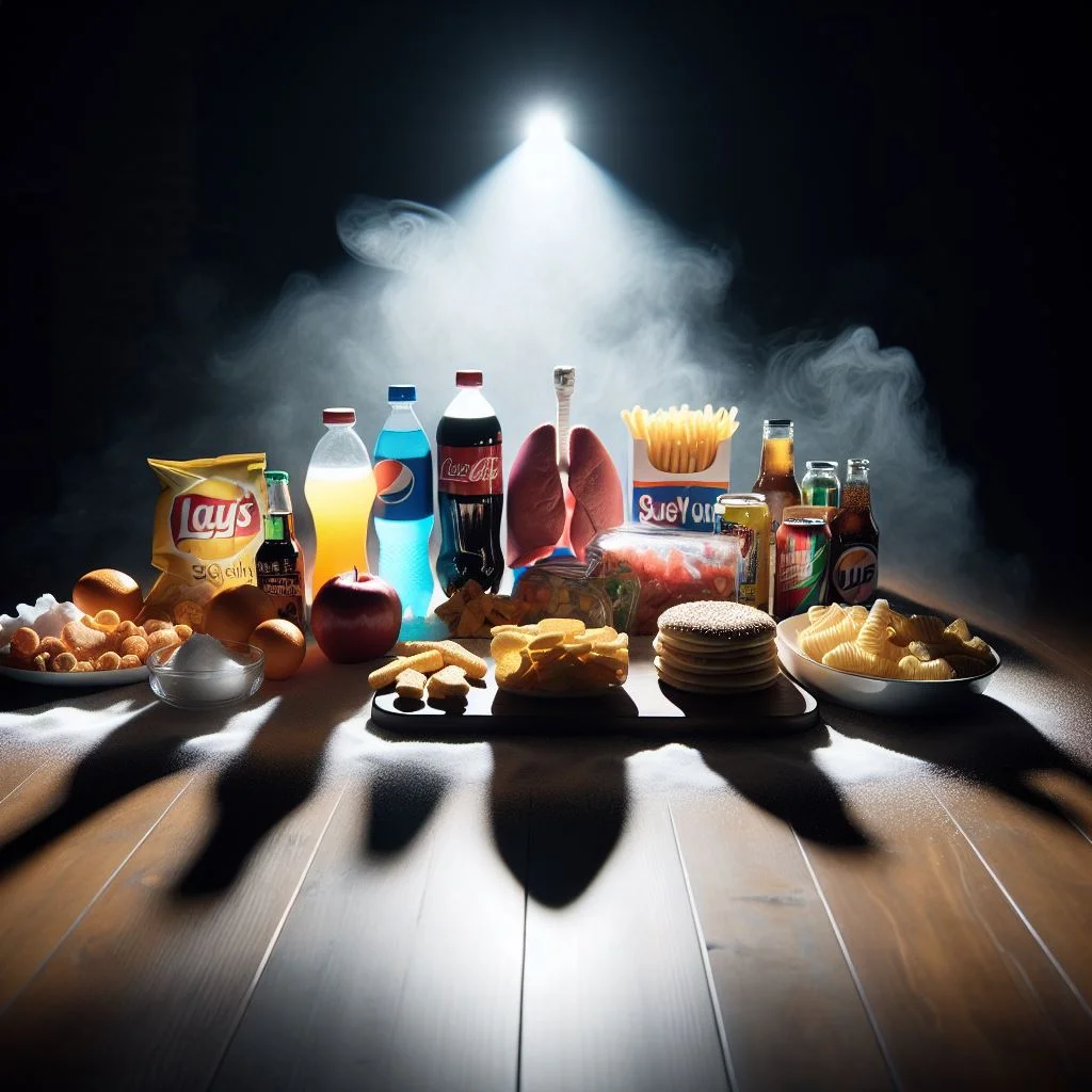 Sugary drinks, salty snacks, and processed foods to avoid for lung health.