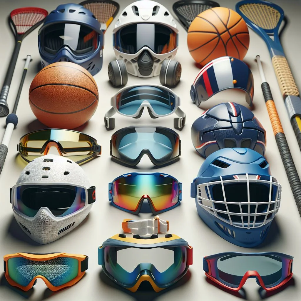 Various types of protective eyewear suitable for different sports, showcasing options like goggles, face shields, and sports glasses designed to ensure eye safety in sports