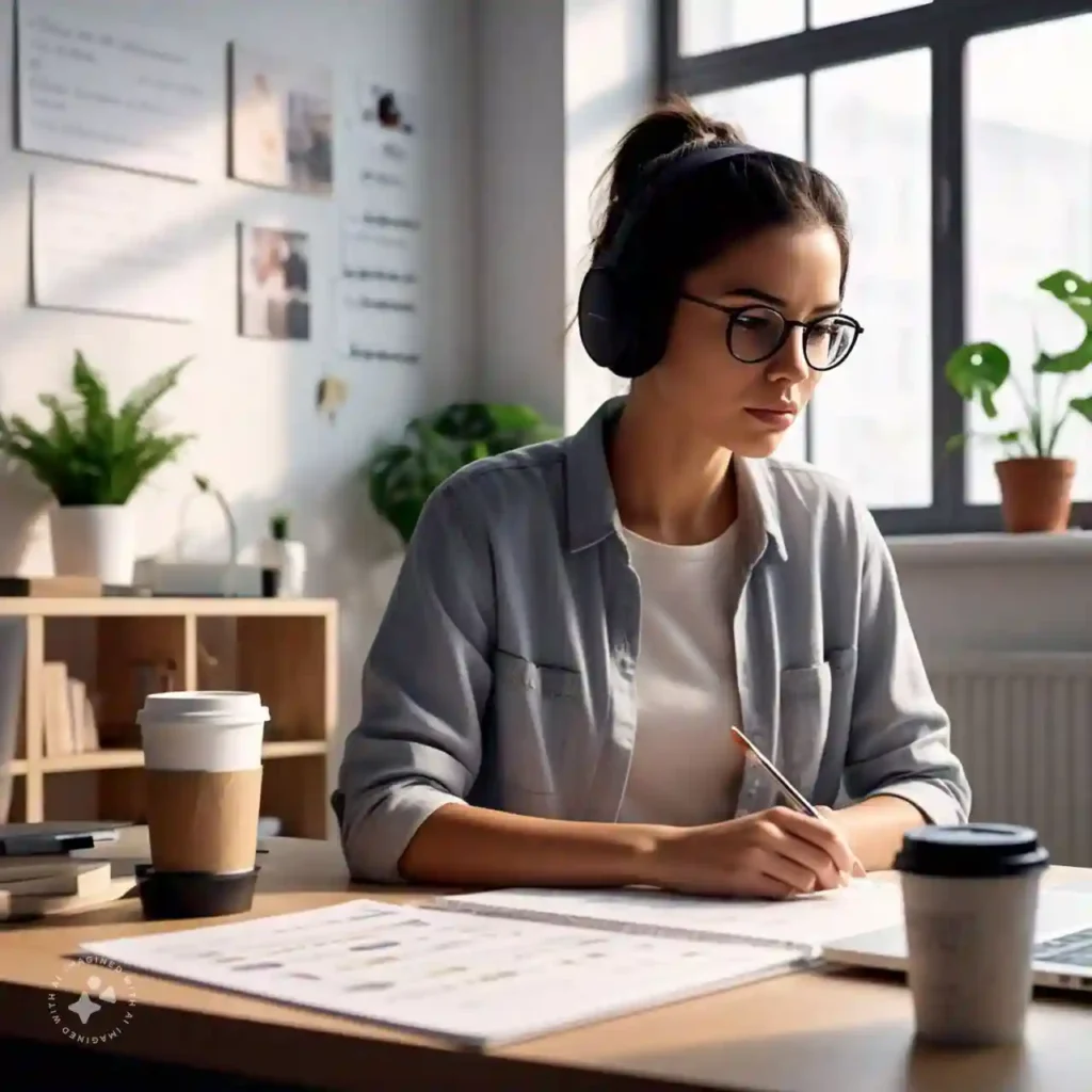 A focused work environment featuring a person with ADHD using noise-canceling headphones, sitting at an organized desk with a planner and to-do list, emphasizing lifestyle management strategies for ADHD.