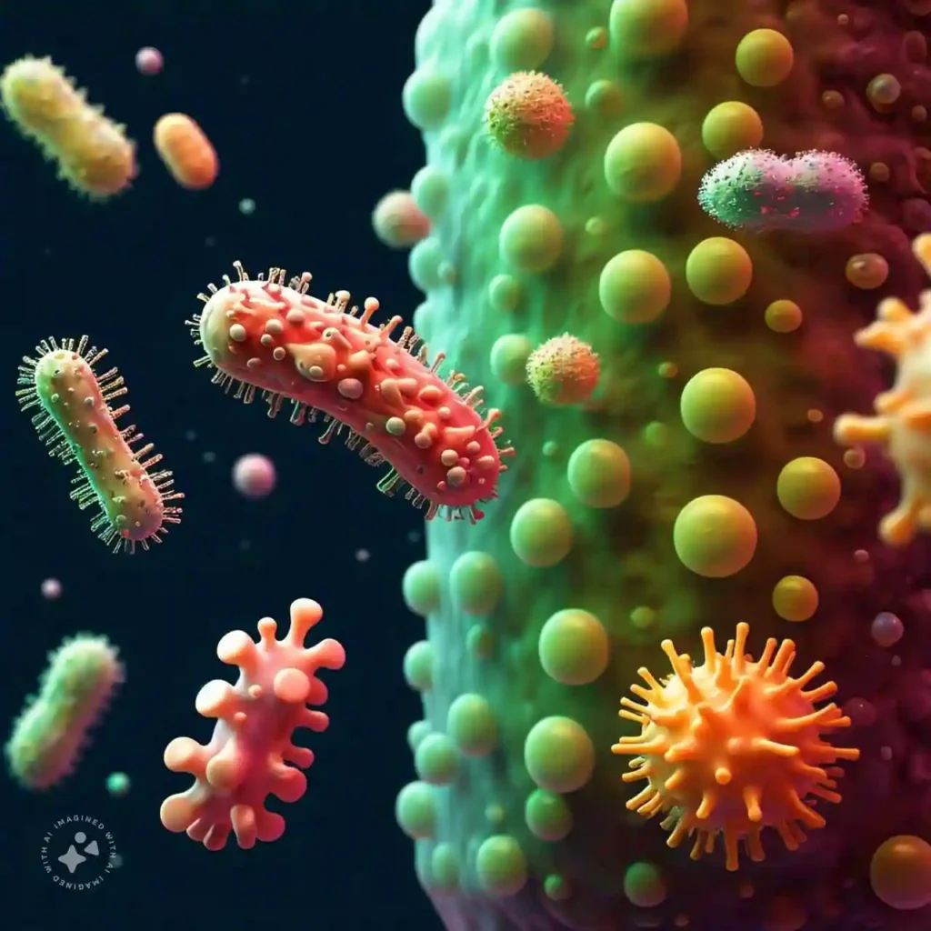 3D visualization of gut bacteria, showing the impact of antibiotics for gut health, with disrupted and balanced microbiomes.