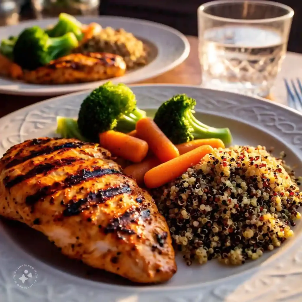 A balanced meal with chicken, vegetables, quinoa, and water, representing healthy eating for diabetes management.