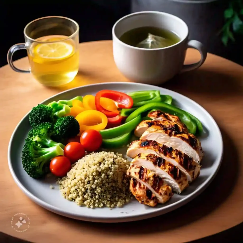 A balanced meal with grilled chicken, quinoa, and vegetables, alongside water and green tea, highlighting how to improve your metabolism.