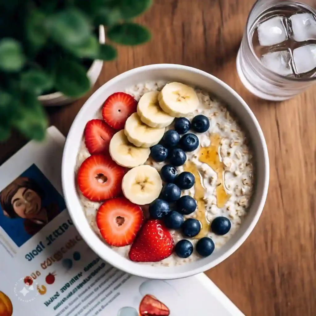 A breakfast bowl with oats, berries, bananas, and honey alongside a book on gut health, emphasizing a balanced diet for digestive health.