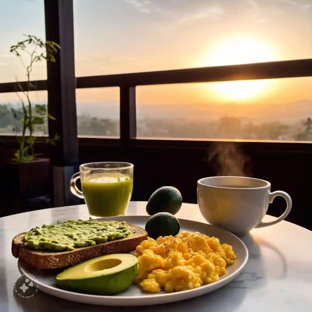 A breakfast spread of whole-grain toast, avocado, scrambled eggs, and green tea, ideal for a diet for hormonal health.
