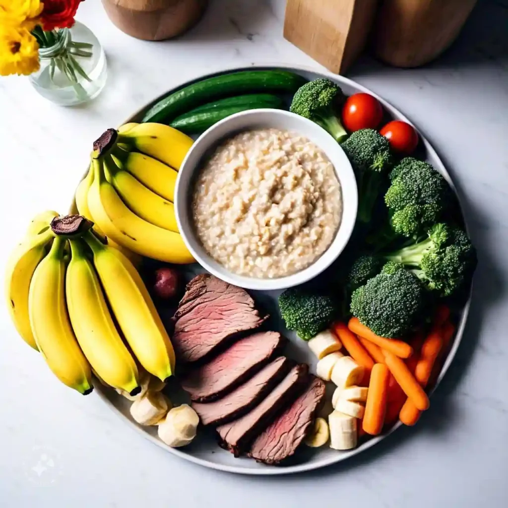 A selection of acid reflux-friendly foods, including bananas, oatmeal, lean meats, and fresh vegetables, on a kitchen counter.