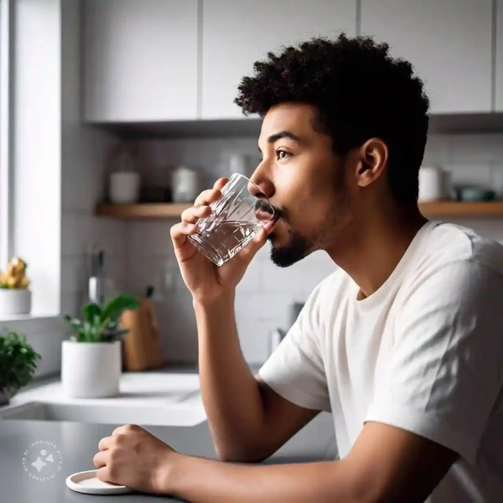 A close-up of a person drinking a glass of water, highlighting the importance of staying hydrated to reduce bloating and gas.