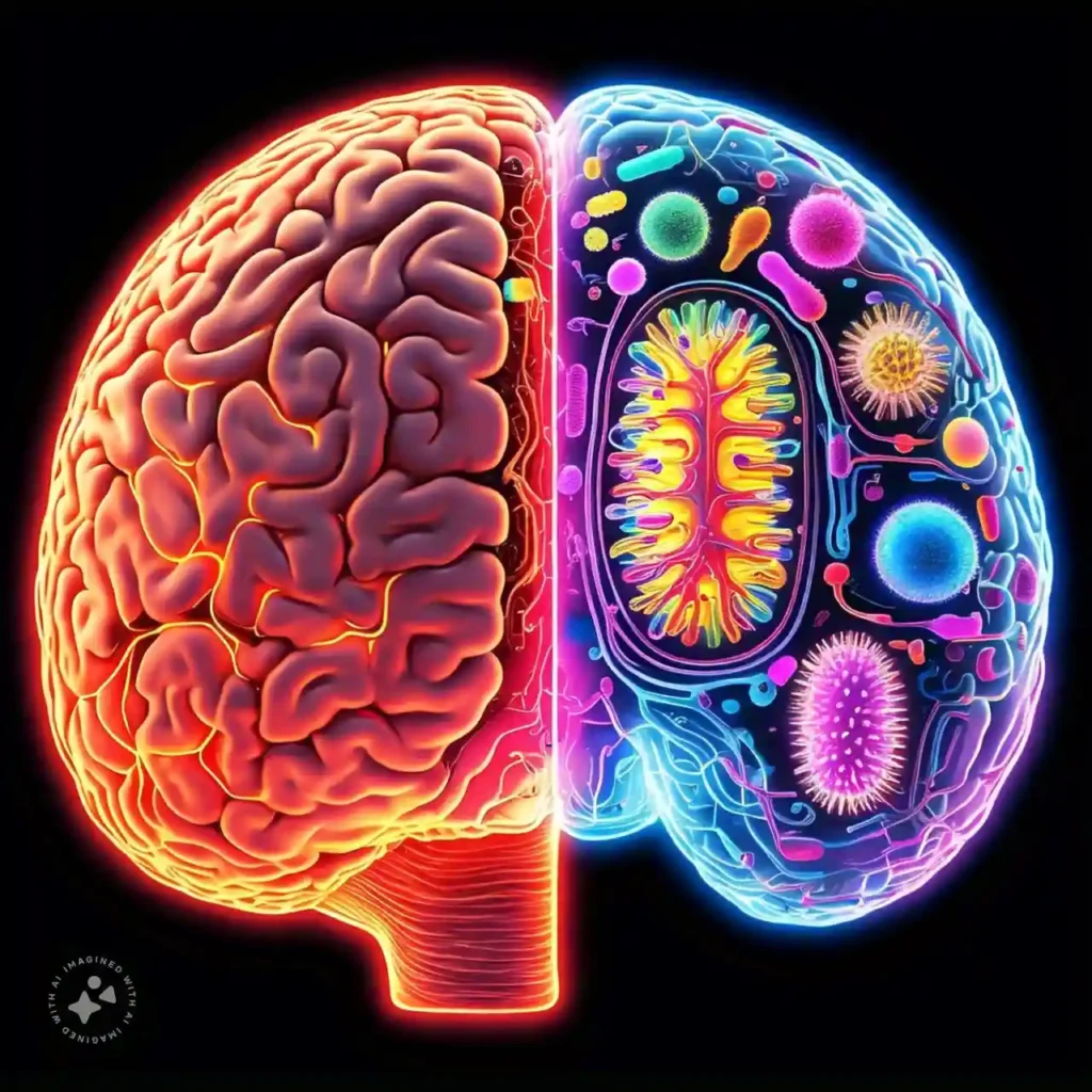 A conceptual visualization of the gut-brain axis, showing the human brain and gut connected by glowing neural pathways, emphasizing how stress impacts digestive health.