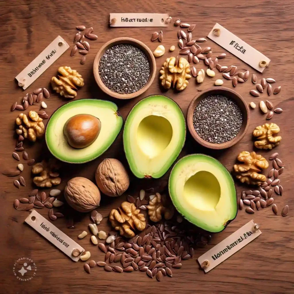 A creative display of avocados, walnuts, chia seeds, and flax seeds, showcasing healthy fats for a diet for hormonal health.