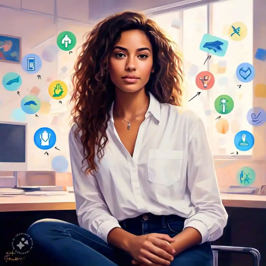 A digital painting showing a young individual managing OCD, with icons of washing hands, organizing, and repetitive thoughts floating around them.