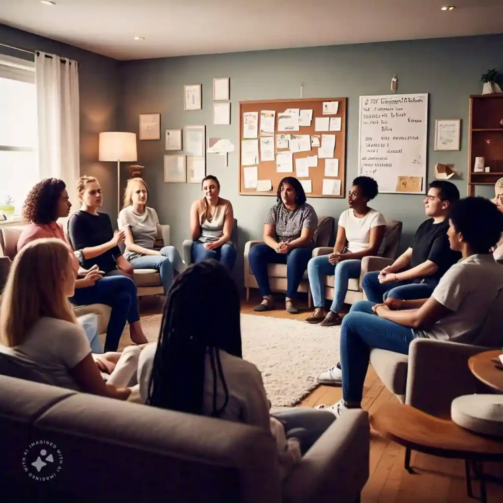 A diverse support group meeting in a cozy room, promoting the benefits of regular mental health check-ups and open communication.