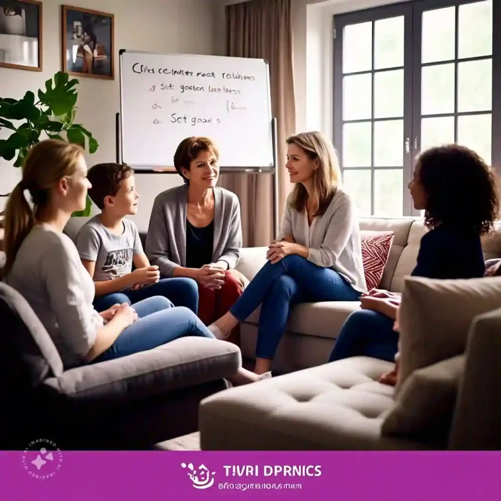 A family and therapist sitting together in a cozy living room, discussing strategies for managing ADHD, with a whiteboard displaying tips like “create routines” and “set goals.