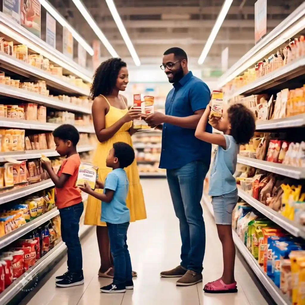 A family checking food labels for gluten-free certifications in a grocery store aisle, emphasizing the importance of label reading for celiac disease management.