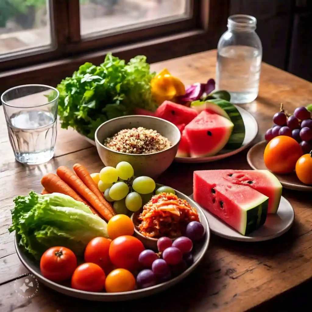 A healthy, balanced meal with fresh vegetables, fruits, whole grains, and fermented foods, illustrating how diet can mitigate the ways stress impacts digestive health.