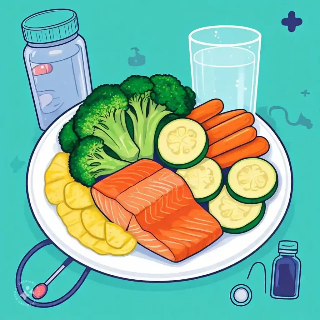 A healthy meal designed for Crohn’s disease management, featuring soft foods like steamed vegetables and grilled fish.