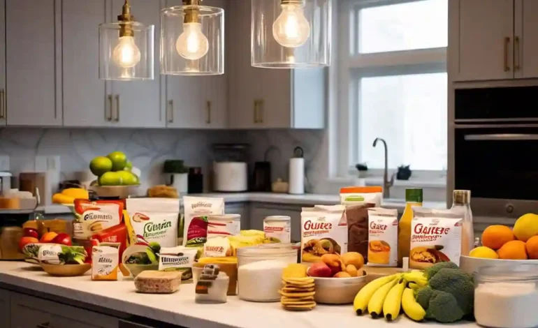 A kitchen counter with gluten-free foods such as fruits, vegetables, quinoa, and labeled gluten-free products, symbolizing a healthy diet for managing celiac disease.