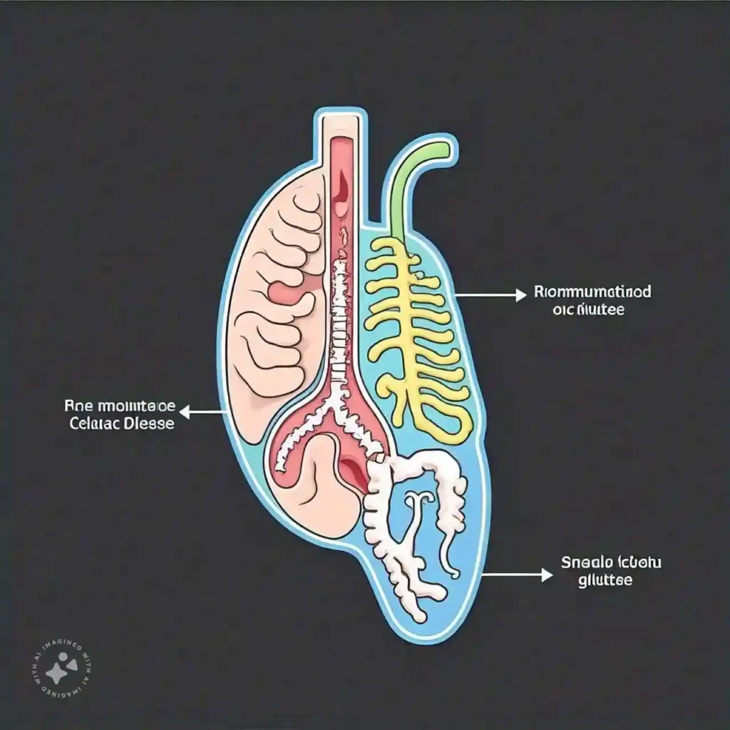 A medical illustration showing the small intestine inflamed due to gluten consumption, representing the effects of celiac disease.